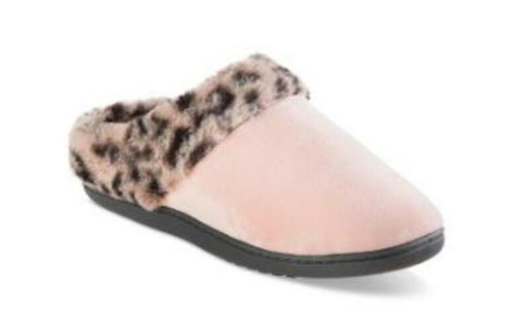 Isotoner Women's Pink/Black Fleece-Trim heel Cushioned Slippers 7.5-8 NWB